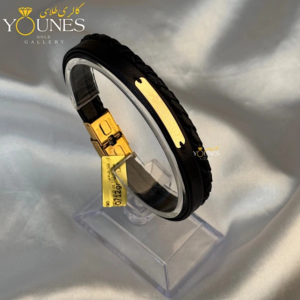 دستبند چرم مردانه طلا براق گیس بافت مشکی